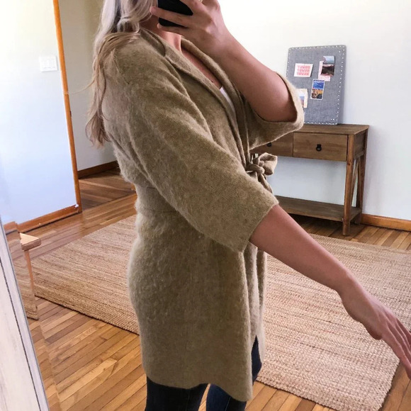 American Vintage Cream Tight Knit Tie Waist Open Quarter Sleeve Cardigan Sweater - Picture 2 of 10